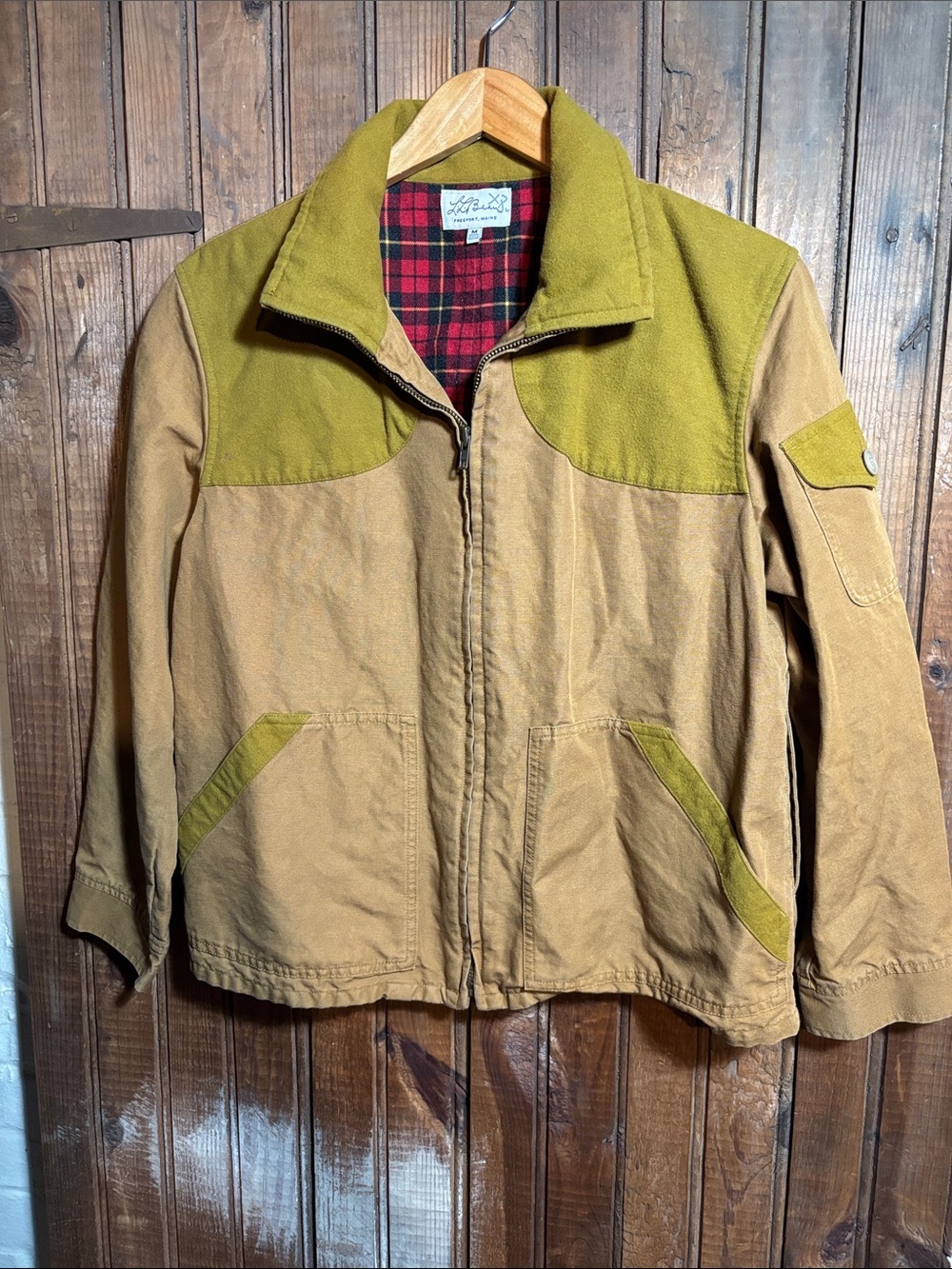 L.L. Bean Tan Jacket with Olive Yoke and Pocket Trim